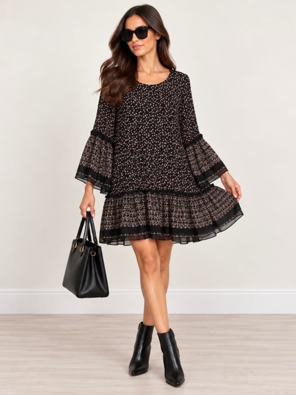 Max Studio Floral Bell Sleeve Boho Dress NWT Women’s S Black Brown